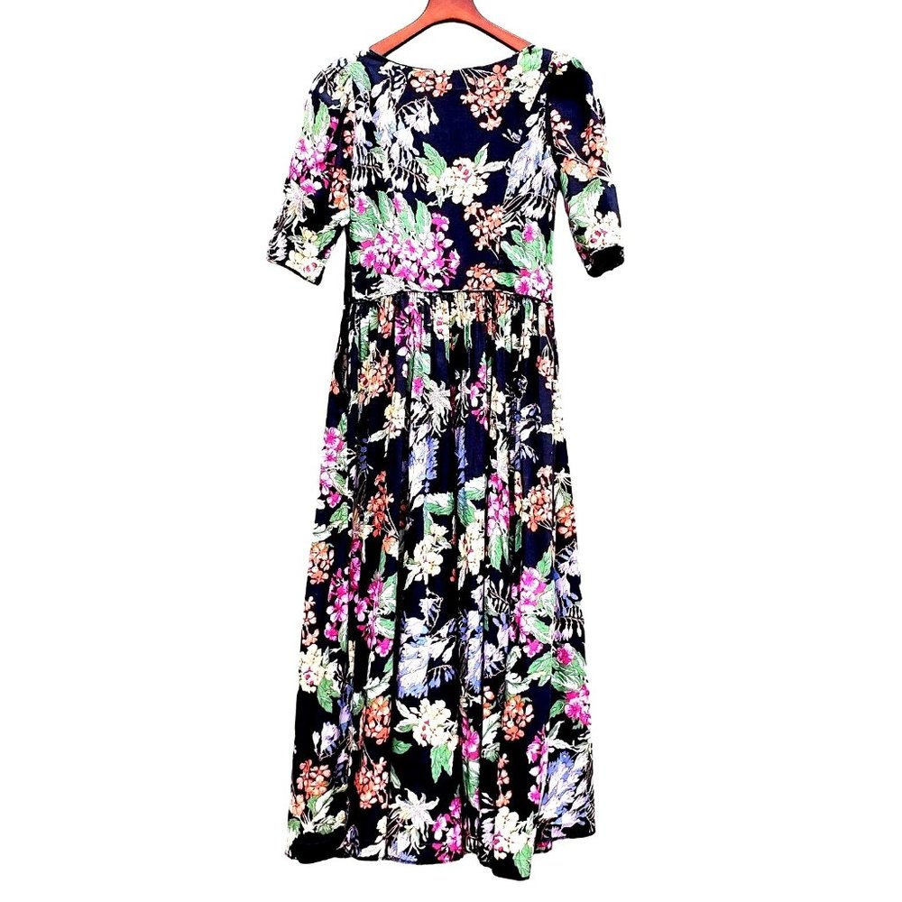 Vintage Laura Ashley Dress M Midi 80s 90s Black Cotton Big Print Floral - Picture 3 of 10